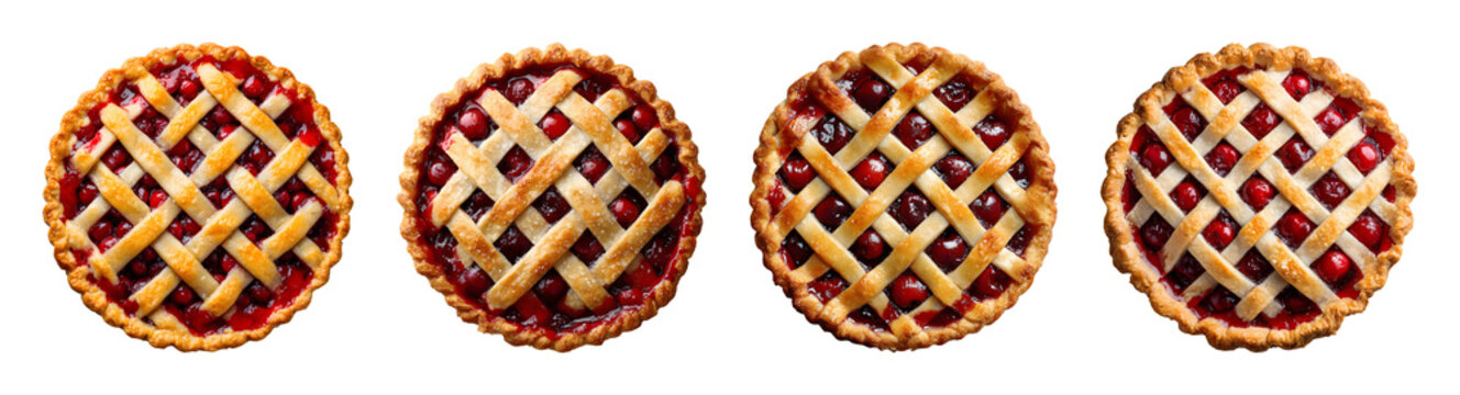 Fresh baked cherry pies with lattice crust for dessert menu design, PNG set isolated on transparent background