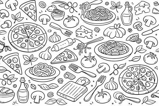 Hand Drawn Italian Food Seamless Pattern Vector Illustration with Pizza Pasta Spaghetti Mushrooms Tomatoes Garlic Cheese Olive Oil and Cutlery Outline Doodle for Menu Background or Coloring