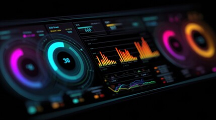 Fototapeta premium Big Data Analytics Dashboard With Colorful Charts Displaying Insights for Business Intelligence in a Dark Environment