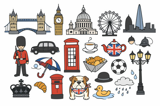 London England Icons Doodle Sketch Set with British Landmarks, Tower Bridge, Big Ben, Red Telephone Box, Queen's Guard, Black Cab, Tea, Fish and Chips, Bulldog, and Cultural Symbols of United Kingdom