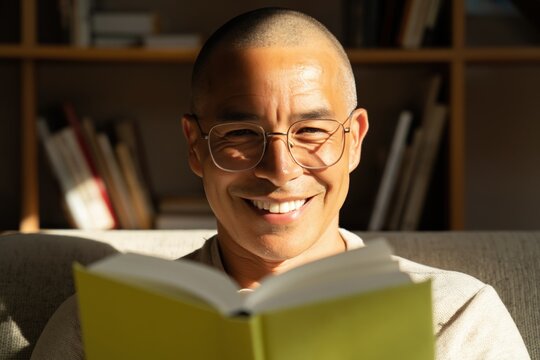 Man smiling while reading book on sofa in living room at home