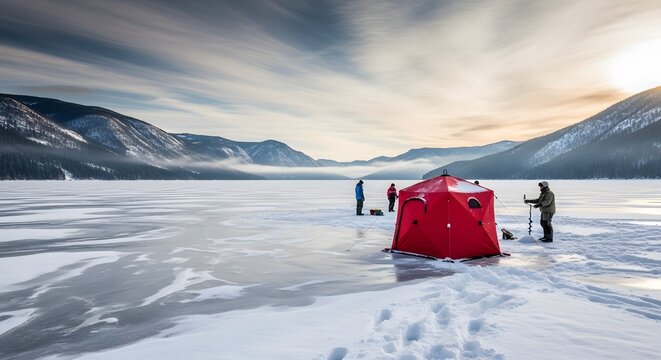Ice fishing in snowy winter landscape with tent and people activity on frozen lake adventure