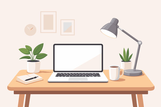 Modern Minimalist Workspace with Laptop, Desk Lamp, Steaming Coffee Mug, and Potted Plants on Wooden Desk. Simple Flat Vector Illustration for Home Office, Remote Work, and Productivity Concepts.