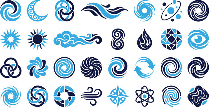 Collection of abstract swirl and water wave symbols and icons on white background.