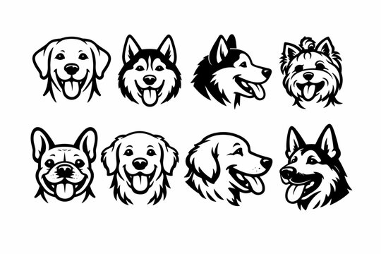 Vector set of dog head illustrations featuring breeds like Golden Retriever, Husky, German Shepherd, French Bulldog, and Yorkie in frontal and profile views with happy smiling expressions