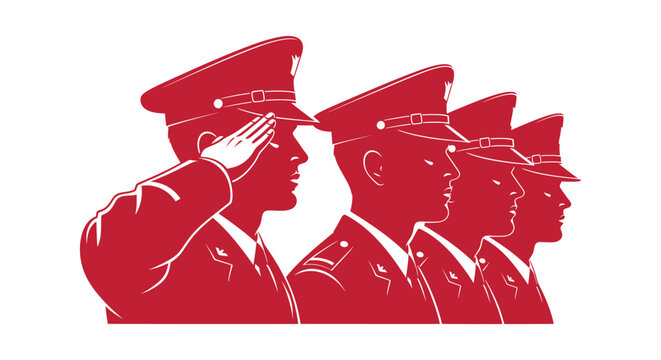 Four military soldiers in uniform saluting, patriotic red silhouette vector illustration design.