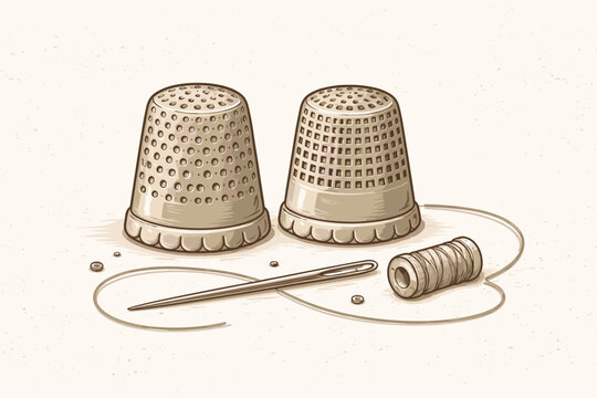 Vintage Thimble Set with Sewing Needle and Thread Spool, Hand Drawn Vector Illustration of Antique Tailor Tools for Needlework, Crafting, and Embroidery, Isolated on Textured Background