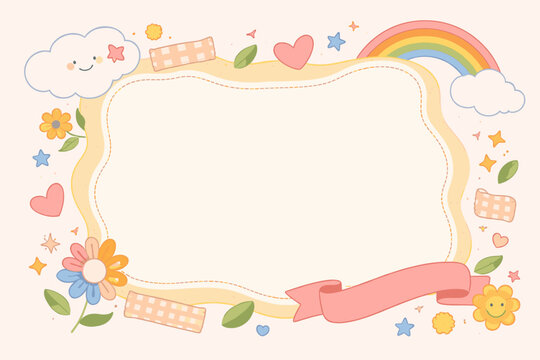 Cute Kawaii Frame with Wavy Rectangle Text Box, Rainbow, Smiling Cloud, Flowers, Hearts, and Stars. Hand-Drawn Pastel Aesthetic Border for Scrapbooking, Invitations, and Journaling Background.