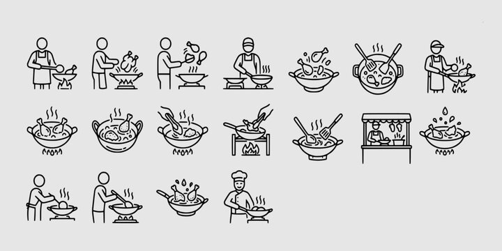 icon set collection of professional chefs and home cooks preparing deep fried chicken in a kitchen wok over a gas flame.