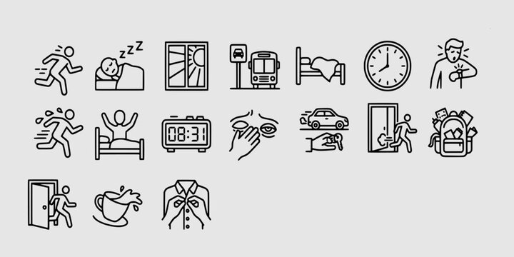 icon set collection of daily morning activities, waking up, getting dressed, and the rush of being late for work.