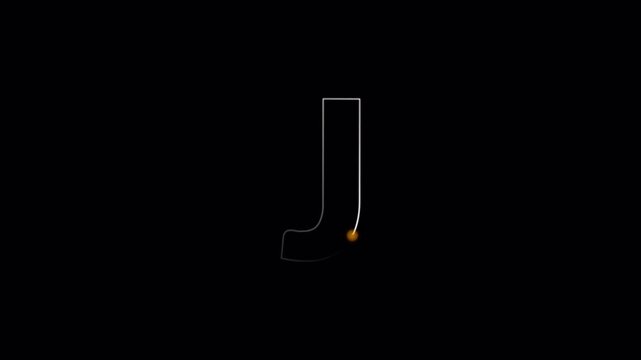 Alphabet animation of letter 'J' with glowing light path on black background , Letter concept. Modern glowing letter j in 4K animation with alpha channel