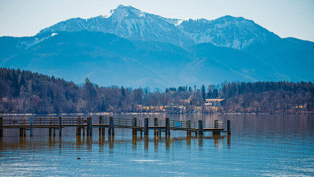 Alpine winter view at Lake Chiemsee, Chieming, Chiemgau, Traunstein, Bavaria, Germany