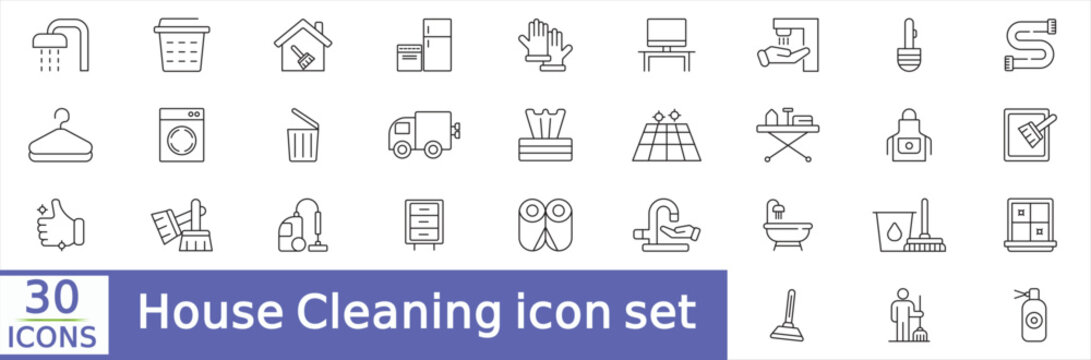  House Cleaning icon set. Housekeeping related line icons washing, vacuum cleaner, detergent, cleaning tools, equipment, household appliances and more. Editable stroke. Vector