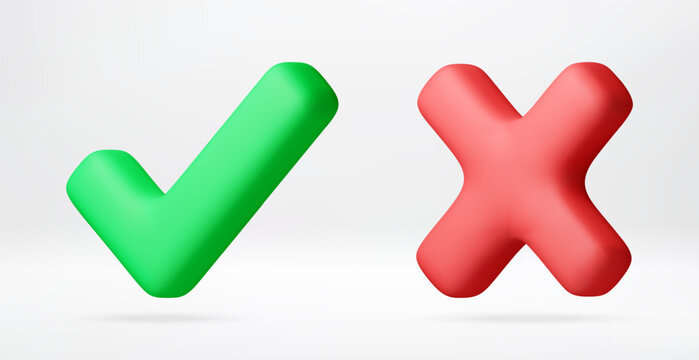 3D green check mark and red cross mark. Rendered symbols of true or false, yes or no, right or wrong. Icon design for choice, decision, feedback, assessment and quality control. Vector illustration