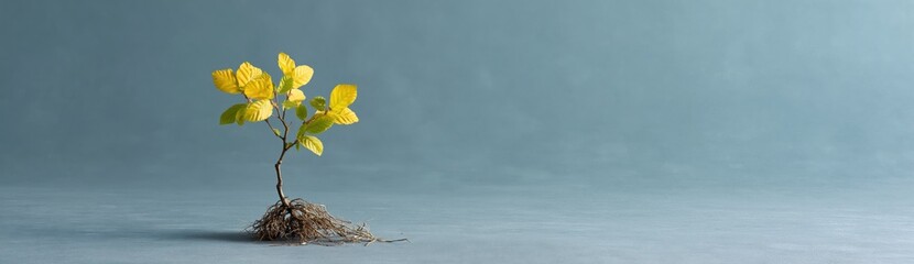Naklejka premium Young seedling with yellow leaves standing on bare soil plain backdrop