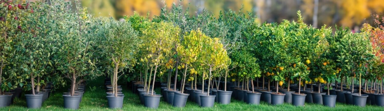 Potted citrus trees arranged in nursery planting area