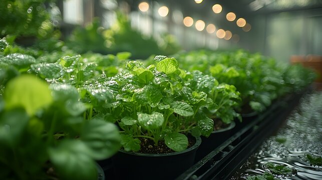 Freshly-watered seedlings in a greenhouse