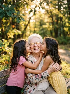 Granddaughter and granddaughter kissing grandmother on cheeks