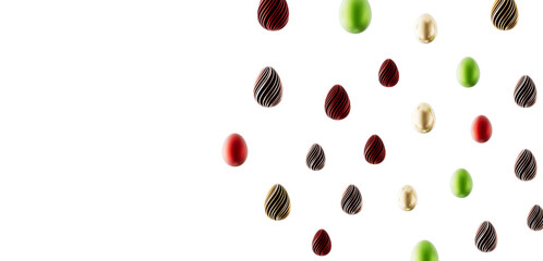 Decorative Easter eggs in various colors and designs floating against a white background. Perfect for Easter greetings a © vegefox.com