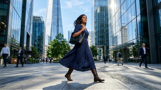 Professional woman walking confidently in financial district