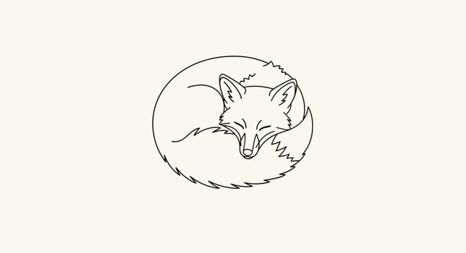 Minimalist outline illustration of a fox curled up sleeping in a circle