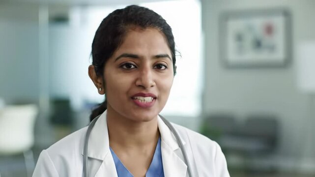 Healthcare provider in lab coat, blue scrubs, stethoscope, offers empathetic eye contact, reassuring smile, open hand. Blurred modern medical office with bokeh. Concept of patient trust and