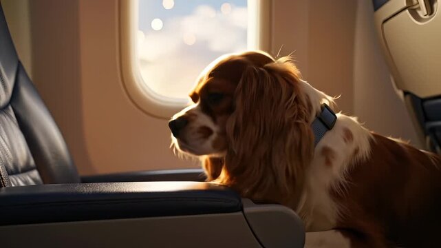 Cute dog rests head on armrest during airplane flight. Cavalier Spaniel travels in passenger seat. Pet dog looks sad flying near window. Animal resting on plane seat. Concept of pet transport.