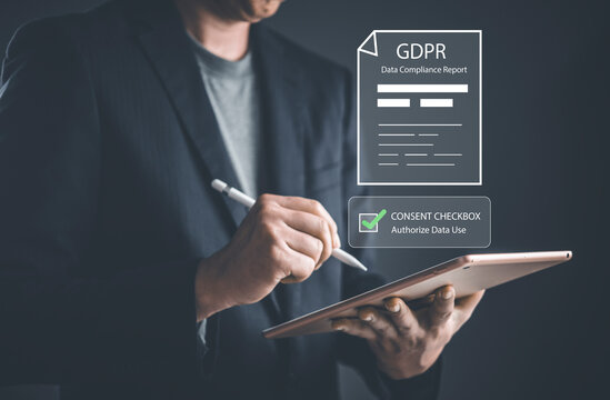 Businessman hands using stylus tablet signing GDPR data compliance report digital hologram consent checkbox concept privacy policy legal authorization electronic signature internet security.