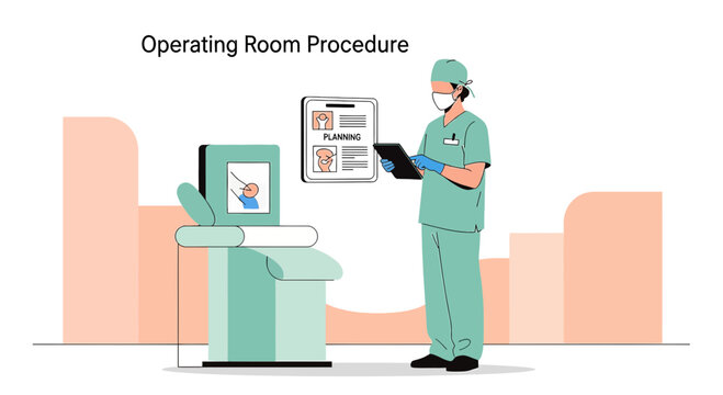 Surgeon in Operating Room Planning Procedure with Medical Equipment and Patient Monitor