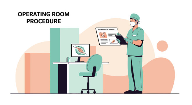 Surgeon in Operating Room Preparing for Procedure with Medical Chart and Monitor