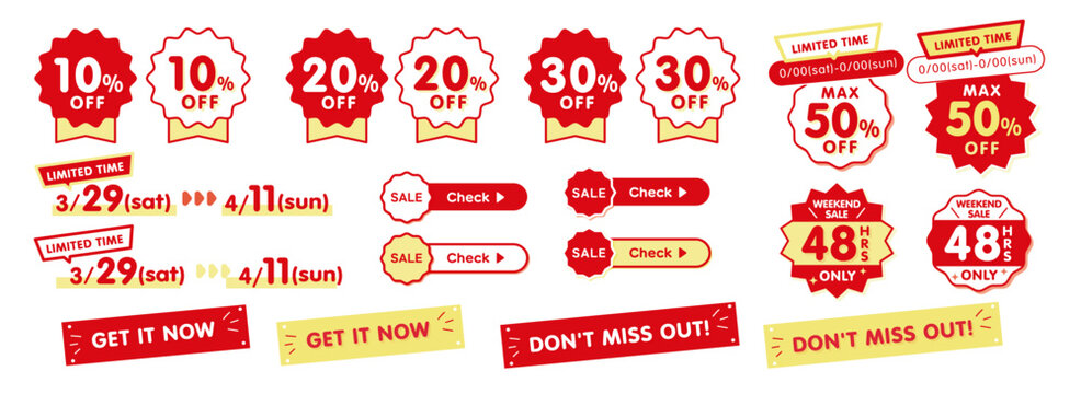 Hand Drawn Sale Badge and Discount Label Set Red Promotion Stickers 10 20 30 50 Percent Off Limited Time Weekend Sale Vector Collection