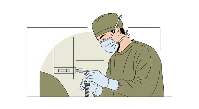 Surgeon in sterile gear prepares medical instrument for surgery in operating room