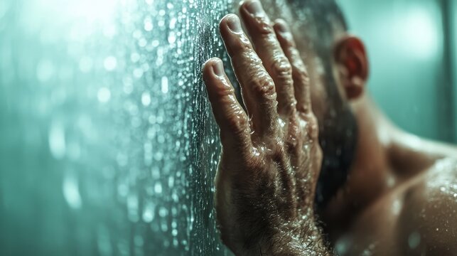 A close-up of a man behind wet glass in a shower, conveying emotions of solitude and reflection, adorned with water droplets and soft lighting that creates an intimate ambiance.