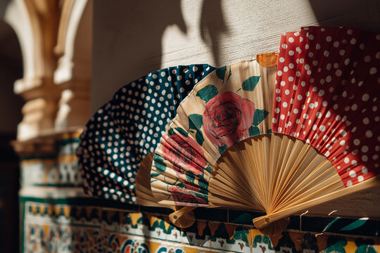 Colorful flamenco anancies hanging on a rustic wooden wall, bold polka dots and hand-painted roses, soft natural light casting shadows