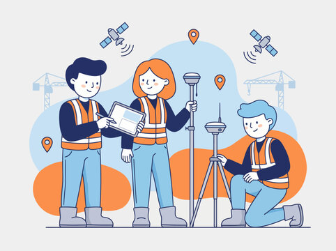 Vector Professional engineers using GNSS RTK surveying equipment at construction site illustration