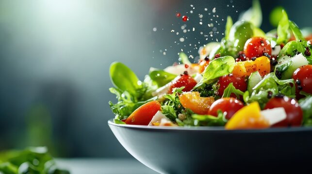 A vibrant salad bowl filled with fresh greens, cherry tomatoes, and colorful vegetables, representing health and freshness in a visually appealing way.