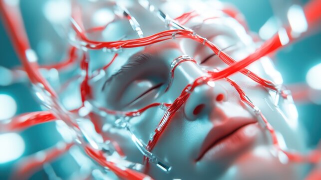 An artistic representation of a human face covered in abstract wiring elements, symbolizing the intersection of technology and humanity in a futuristic concept.