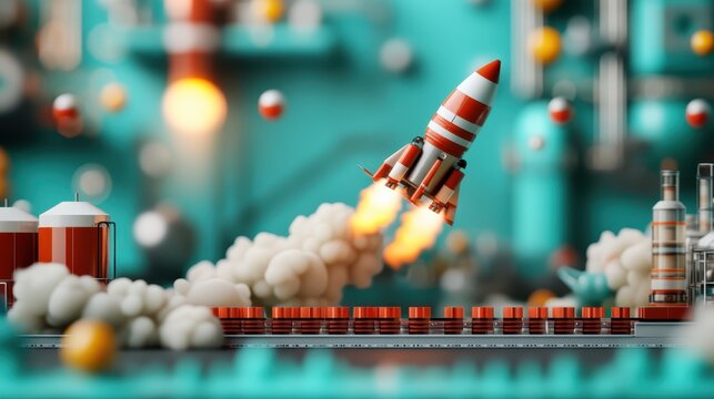A colorful rocket takes off, flames and clouds creatively illustrated against a vibrant backdrop. This image captures the essence of exploration, innovation, and adventure.