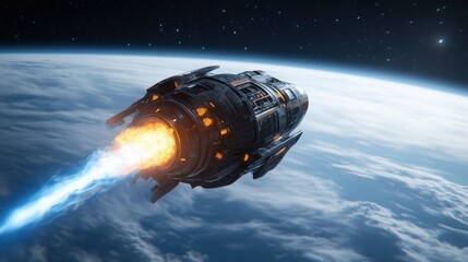 Fototapeta premium A sleek, futuristic spaceship is soaring through the atmosphere above the Earth, leaving a brilliant blue flame as it navigates seamlessly through the stars.