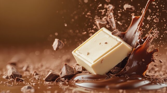 This image captures a dramatic splash effect of melted chocolate surrounding a white chocolate piece, creating an enticing and indulgent visual treat.