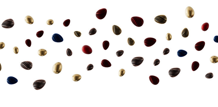 Elegant arrangement of abstract Easter eggs on a white background, perfect for holiday, spring, and festive designs. Fea