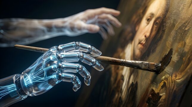 A cinematic close-up of a futuristic robot hand holding a paintbrush, painting an oil portrait on canvas, illustrating AI in art creation.