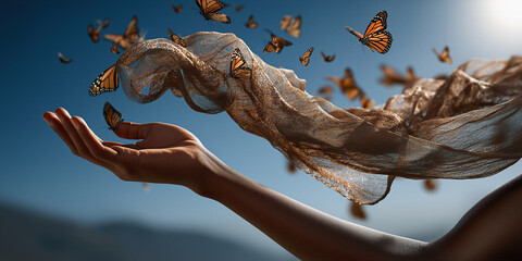 Obraz na płótnie Canvas Golden scarf release. Hands hold shimmering scarf as monarchs ascend into glowing sky