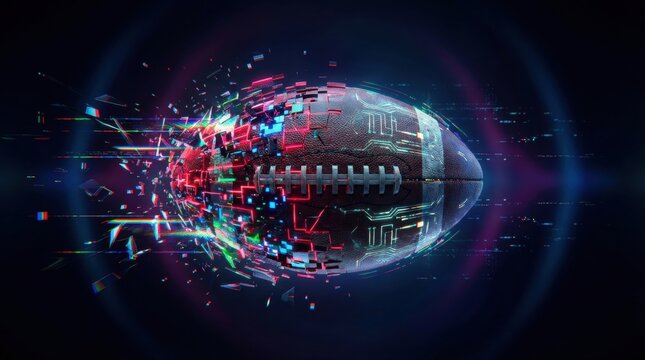 Futuristic football dissolving into digital particles glowing neon lights dynamic energy abstract technology background vibrant blue and red hues innovative sport concept modern design high tech