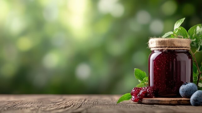 A charming jar filled with rich blueberry jam sits on a rustic wooden table, surrounded by fresh blueberries, highlighting the essence of homemade goodness and natural ingredients.