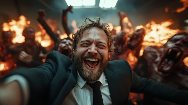 A man in a suit joyfully poses in a surreal setting filled with fire and monstrous figures, capturing a wild mix of emotion and intensity in stark contrast.