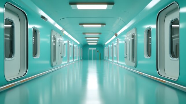 A striking turquoise hallway with futuristic design, bright lighting, and a sleek aesthetic creates a surreal and modern atmosphere, inviting exploration and curiosity.