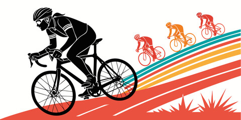 Fototapeta premium Stylized graphic illustration of a group of cyclists racing on a colorful track with diagonal lines representing speed and competition colorful exercise professional silhouette
