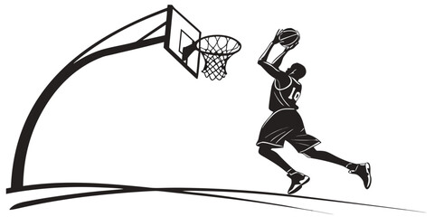 Black and white silhouette of a professional basketball player shooting a ball into the hoop during a game with basketball shooting silhouette competition professional activity exercise © Juli