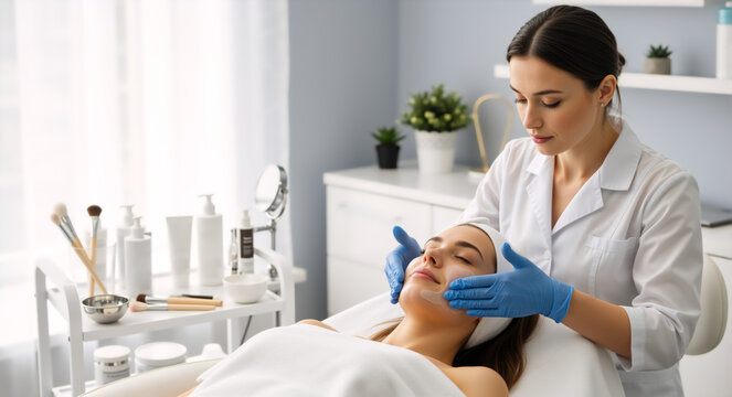 Woman receiving facial skincare treatment at a beauty salon. Esthetician in blue gloves applying cosmetic patch to client face in spa clinic. Wellness and dermatology concept